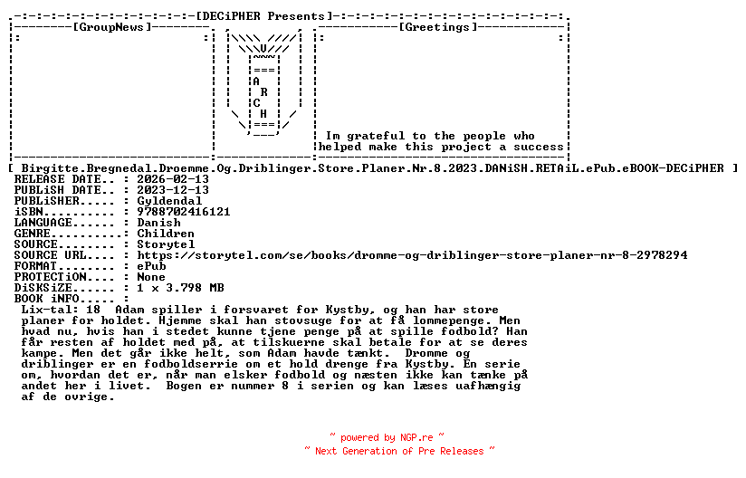 NFO for the release Birgitte.Bregnedal.Droemme.Og.Driblinger.Store.Planer.Nr.8.2023.DANiSH.RETAiL.ePub.eBOOK-DECiPHER by DECiPHER