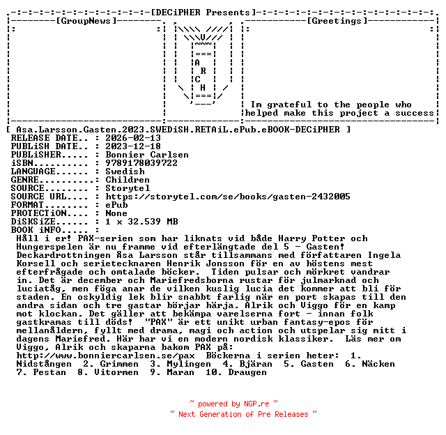 NFO for the release Asa.Larsson.Gasten.2023.SWEDiSH.RETAiL.ePub.eBOOK-DECiPHER by DECiPHER