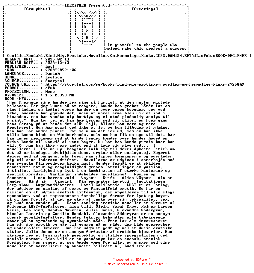 NFO for the release Cecilie.Rosdahl.Bind.Mig.Erotiske.Noveller.Om.Hemmelige.Kinks.2023.DANiSH.RETAiL.ePub.eBOOK-DECiPHER by DECiPHER