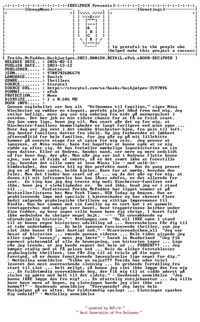 NFO for the release Freida.McFadden.Hushjaelpen.2023.DANiSH.RETAiL.ePub.eBOOK-DECiPHER by DECiPHER