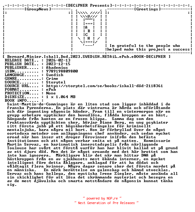 NFO for the release Bernard.Minier.Iskall.Dod.2023.SWEDiSH.RETAiL.ePub.eBOOK-DECiPHER by DECiPHER