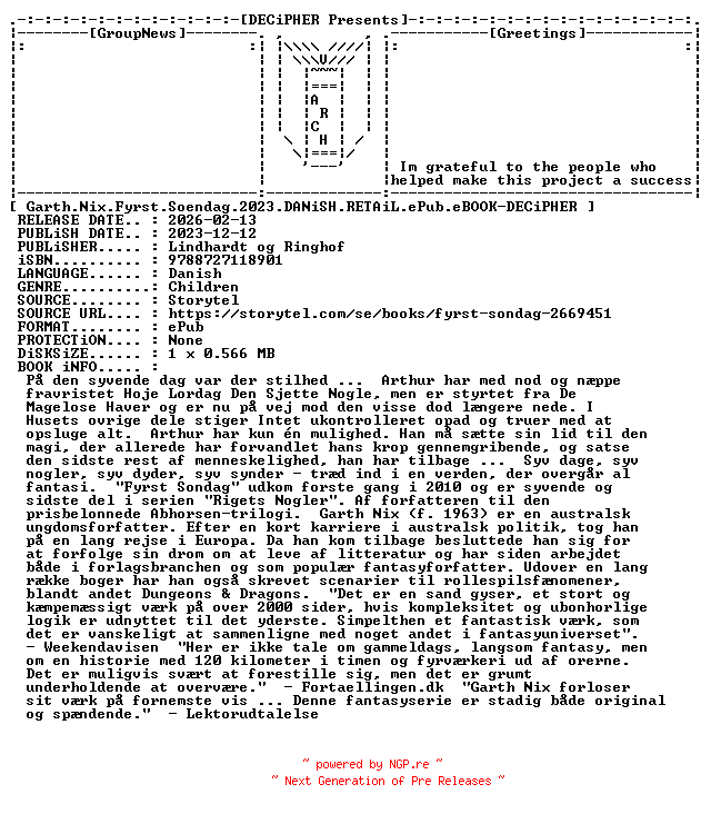 NFO for the release Garth.Nix.Fyrst.Soendag.2023.DANiSH.RETAiL.ePub.eBOOK-DECiPHER by DECiPHER