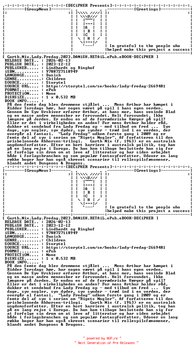 NFO for the release Garth.Nix.Lady.Fredag.2023.DANiSH.RETAiL.ePub.eBOOK-DECiPHER by DECiPHER