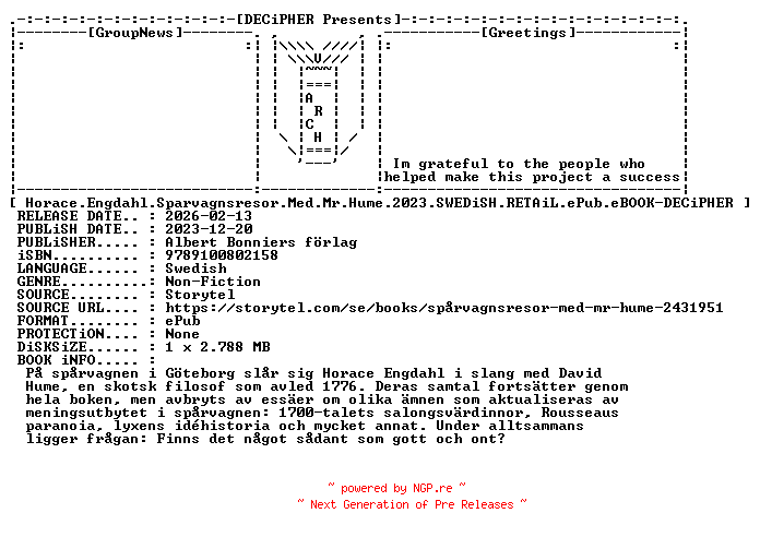 NFO for the release Horace.Engdahl.Sparvagnsresor.Med.Mr.Hume.2023.SWEDiSH.RETAiL.ePub.eBOOK-DECiPHER by DECiPHER