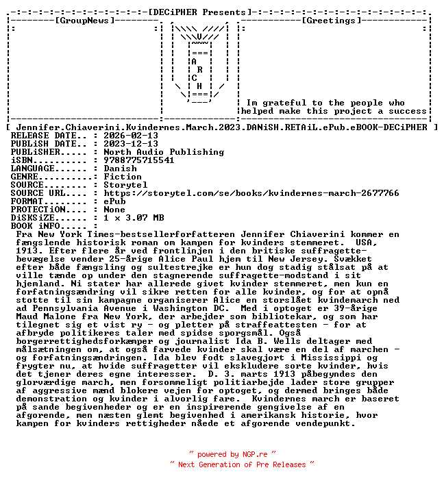 NFO for the release Jennifer.Chiaverini.Kvindernes.March.2023.DANiSH.RETAiL.ePub.eBOOK-DECiPHER by DECiPHER