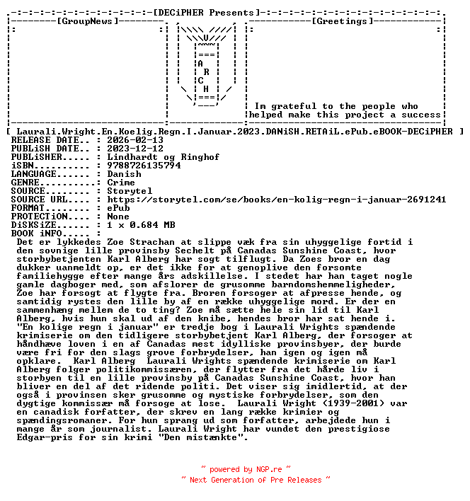 NFO for the release Laurali.Wright.En.Koelig.Regn.I.Januar.2023.DANiSH.RETAiL.ePub.eBOOK-DECiPHER by DECiPHER