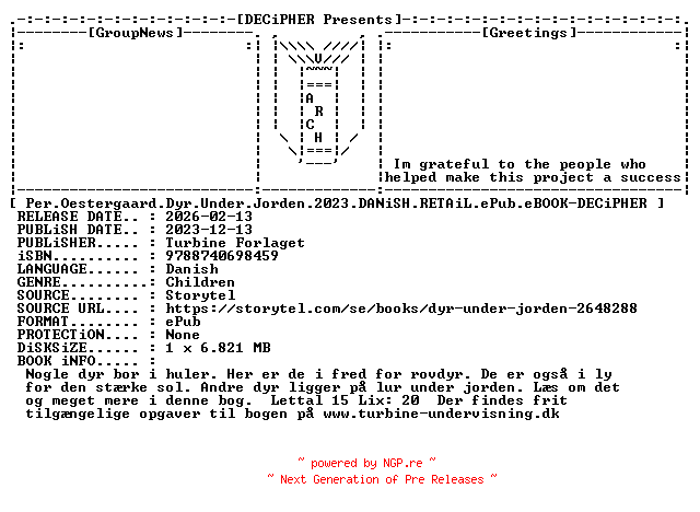 NFO for the release Per.Oestergaard.Dyr.Under.Jorden.2023.DANiSH.RETAiL.ePub.eBOOK-DECiPHER by DECiPHER