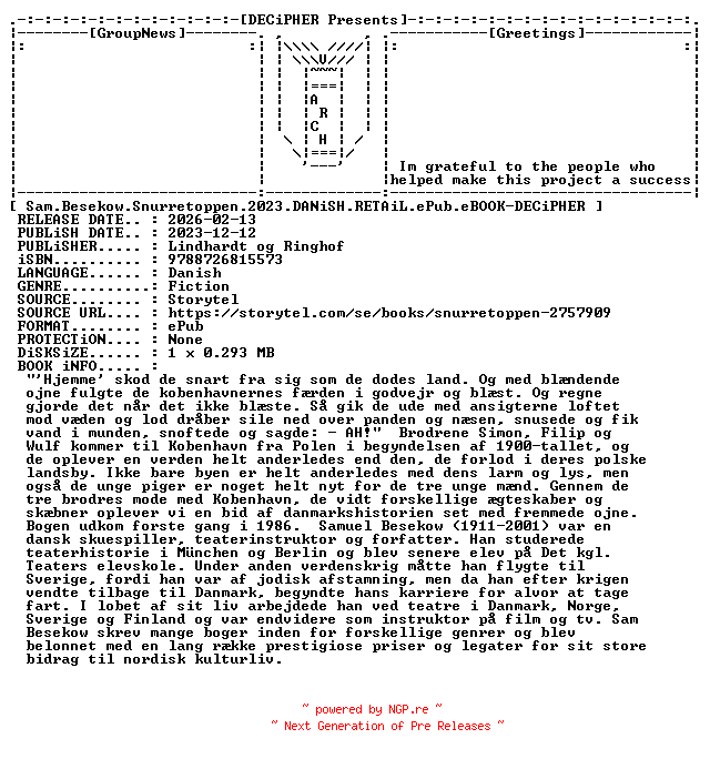 NFO for the release Sam.Besekow.Snurretoppen.2023.DANiSH.RETAiL.ePub.eBOOK-DECiPHER by DECiPHER
