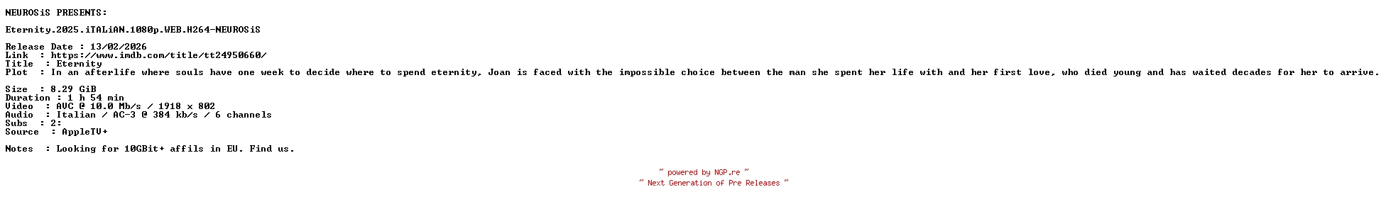 NFO for the release Eternity.2025.iTALiAN.1080p.WEB.H264-NEUROSiS by NEUROSiS