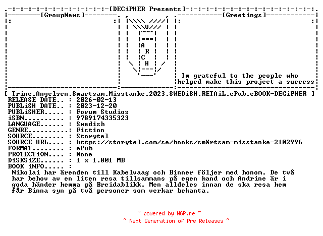 NFO for the release Trine.Angelsen.Smartsam.Misstanke.2023.SWEDiSH.RETAiL.ePub.eBOOK-DECiPHER by DECiPHER