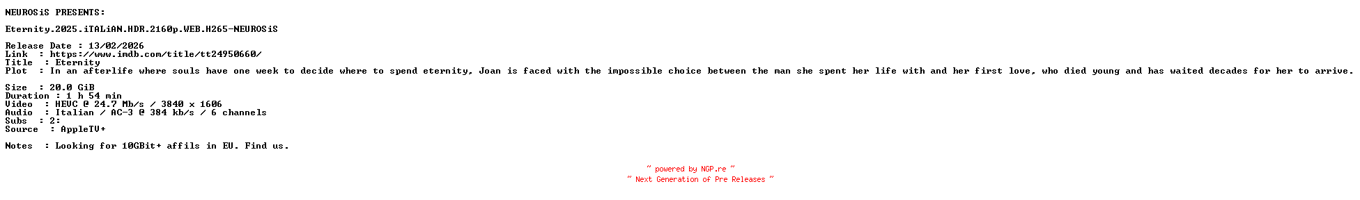NFO for the release Eternity.2025.iTALiAN.HDR.2160p.WEB.H265-NEUROSiS by NEUROSiS