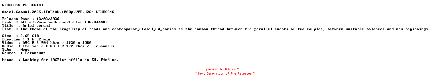 NFO for the release Amici.Comuni.2025.iTALiAN.1080p.WEB.H264-NEUROSiS by NEUROSiS