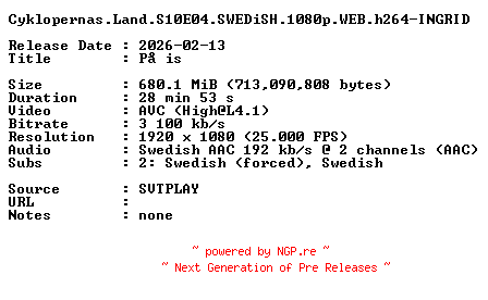 NFO for the release Cyklopernas.Land.S10E04.SWEDiSH.1080p.WEB.h264-INGRID by INGRID
