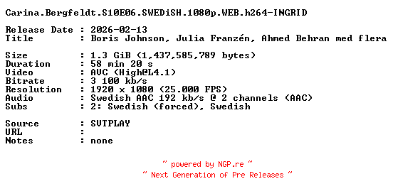 NFO for the release Carina.Bergfeldt.S10E06.SWEDiSH.1080p.WEB.h264-INGRID by INGRID