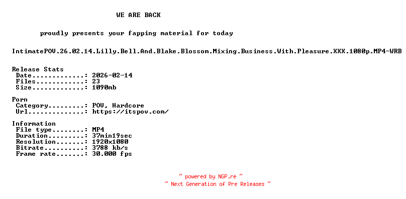 NFO for the release IntimatePOV.26.02.14.Lilly.Bell.And.Blake.Blossom.Mixing.Business.With.Pleasure.XXX.1080p.MP4-WRB by WRB