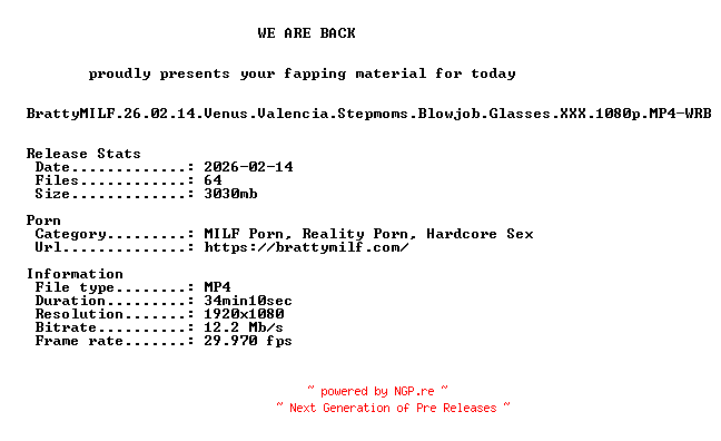 NFO for the release BrattyMILF.26.02.14.Venus.Valencia.Stepmoms.Blowjob.Glasses.XXX.1080p.MP4-WRB by WRB