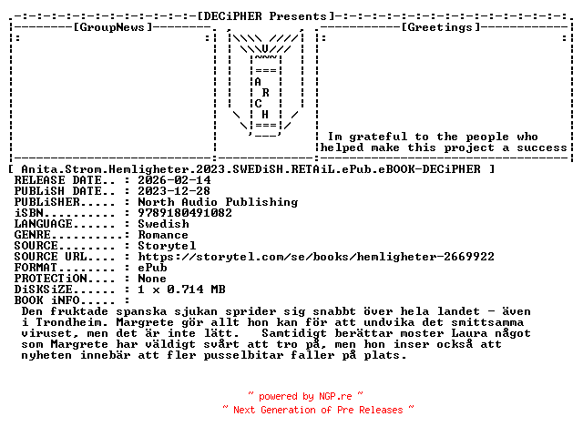NFO for the release Anita.Strom.Hemligheter.2023.SWEDiSH.RETAiL.ePub.eBOOK-DECiPHER by DECiPHER
