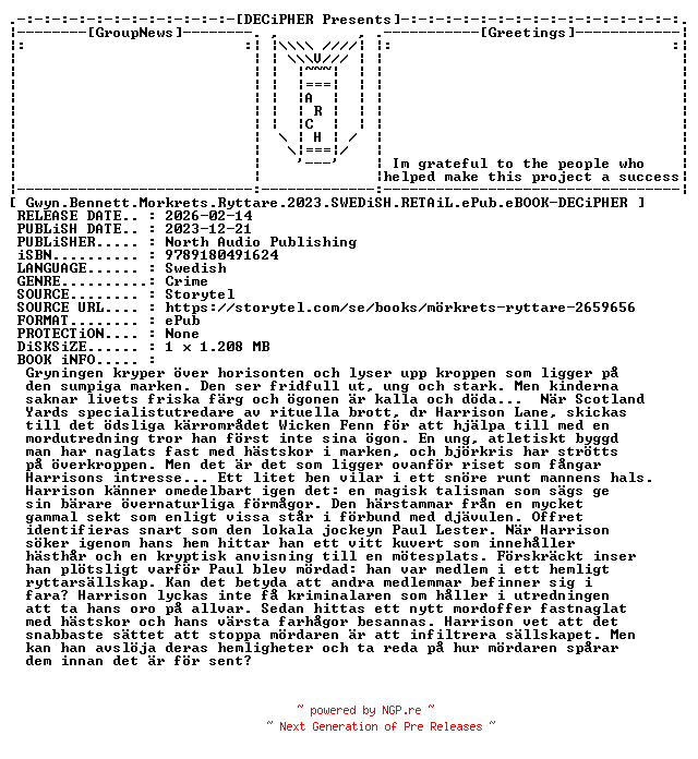 NFO for the release Gwyn.Bennett.Morkrets.Ryttare.2023.SWEDiSH.RETAiL.ePub.eBOOK-DECiPHER by DECiPHER