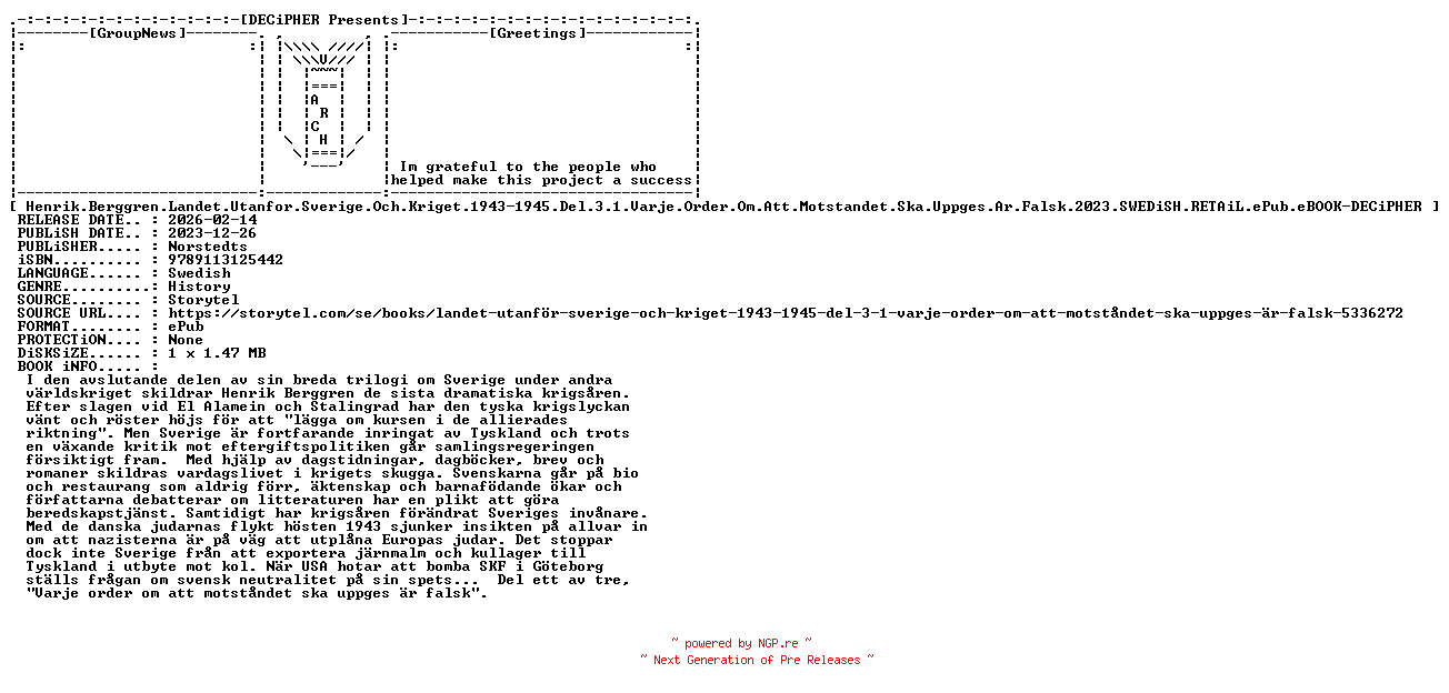 NFO for the release Henrik.Berggren.Landet.Utanfor.Sverige.Och.Kriget.1943-1945.Del.3.1.Varje.Order.Om.Att.Motstandet.Ska.Uppges.Ar.Falsk.2023.SWEDiSH.RETAiL.ePub.eBOOK-DECiPHER by DECiPHER