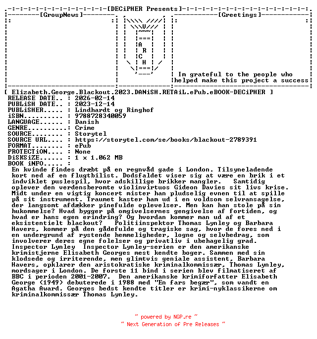 NFO for the release Elizabeth.George.Blackout.2023.DANiSH.RETAiL.ePub.eBOOK-DECiPHER by DECiPHER