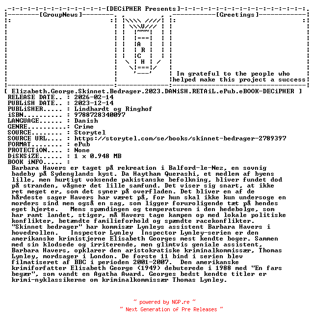 NFO for the release Elizabeth.George.Skinnet.Bedrager.2023.DANiSH.RETAiL.ePub.eBOOK-DECiPHER by DECiPHER
