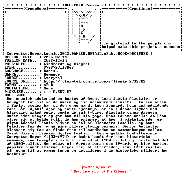 NFO for the release Georgette.Heyer.Leonie.2023.DANiSH.RETAiL.ePub.eBOOK-DECiPHER by DECiPHER