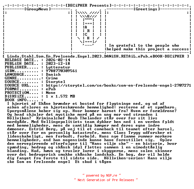 NFO for the release Linda.Stahl.Som.En.Frelsende.Engel.2023.DANiSH.RETAiL.ePub.eBOOK-DECiPHER by DECiPHER