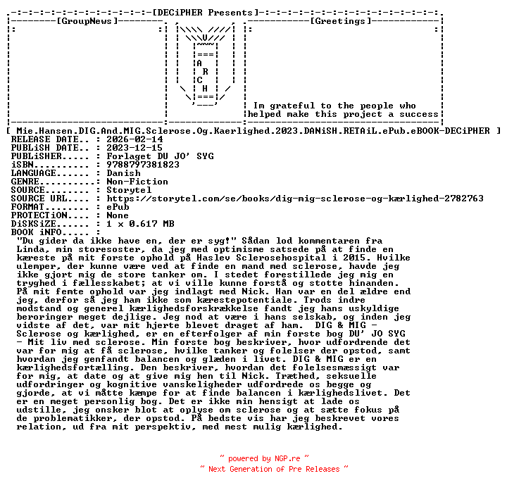 NFO for the release Mie.Hansen.Dig.And.Mig.Sclerose.Og.Kaerlighed.2023.DANiSH.RETAiL.ePub.eBOOK-DECiPHER by DECiPHER
