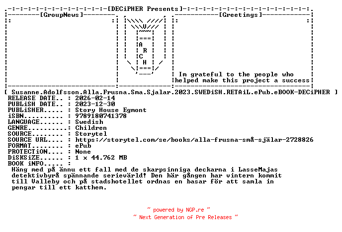 NFO for the release Susanne.Adolfsson.Alla.Frusna.Sma.Sjalar.2023.SWEDiSH.RETAiL.ePub.eBOOK-DECiPHER by DECiPHER