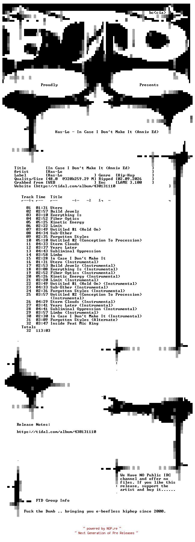 NFO for the release Has-Lo-In_Case_I_Dont_Make_It_(Anniv_Ed)-WEB-2025-FTD by FTD