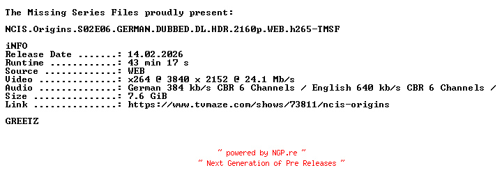 NFO for the release NCIS.Origins.S02E06.GERMAN.DUBBED.DL.HDR.2160p.WEB.h265-TMSF by TMSF