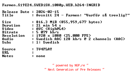 NFO for the release Farmen.S19E24.SWEDiSH.1080p.WEB.h264-INGRID by INGRID