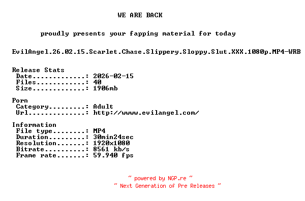 NFO for the release EvilAngel.26.02.15.Scarlet.Chase.Slippery.Sloppy.Slut.XXX.1080p.MP4-WRB by WRB