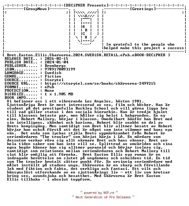 NFO for the release Bret.Easton.Ellis.Skarvorna.2024.SWEDiSH.RETAiL.ePub.eBOOK-DECiPHER by DECiPHER