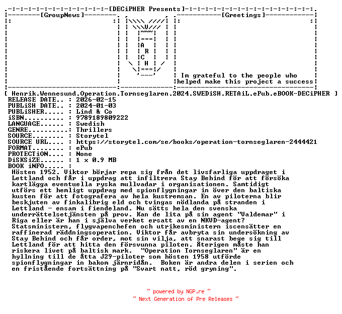 NFO for the release Henrik.Wennesund.Operation.Tornseglaren.2024.SWEDiSH.RETAiL.ePub.eBOOK-DECiPHER by DECiPHER