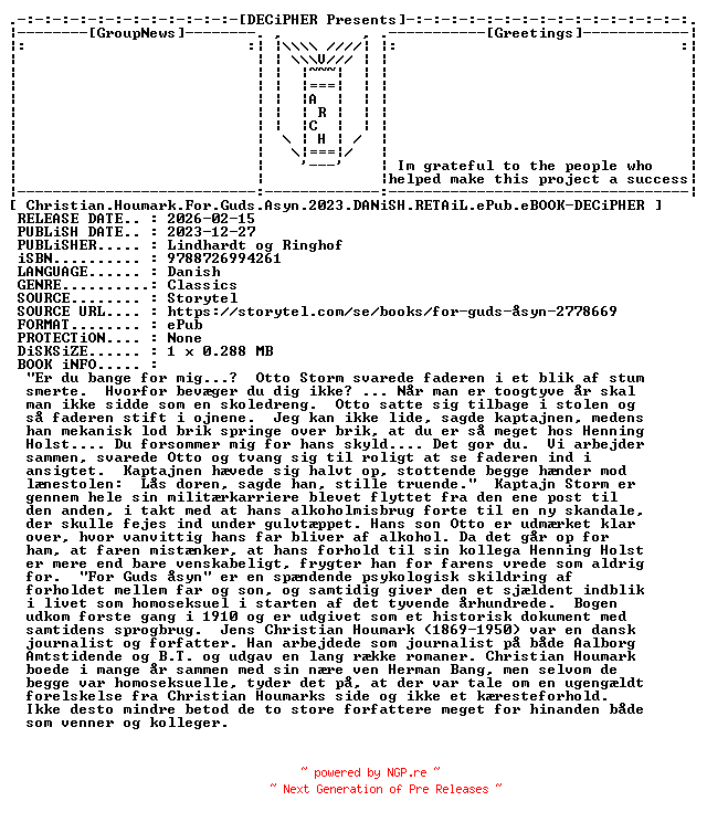 NFO for the release Christian.Houmark.For.Guds.Asyn.2023.DANiSH.RETAiL.ePub.eBOOK-DECiPHER by DECiPHER