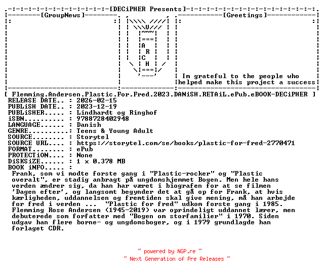 NFO for the release Flemming.Andersen.Plastic.For.Fred.2023.DANiSH.RETAiL.ePub.eBOOK-DECiPHER by DECiPHER