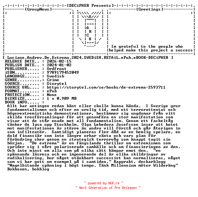 NFO for the release Luciane.Andrev.De.Extrema.2024.SWEDiSH.RETAiL.ePub.eBOOK-DECiPHER by DECiPHER