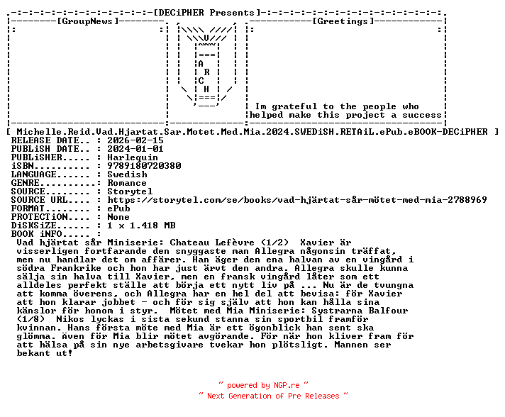NFO for the release Michelle.Reid.Vad.Hjartat.Sar.Motet.Med.Mia.2024.SWEDiSH.RETAiL.ePub.eBOOK-DECiPHER by DECiPHER