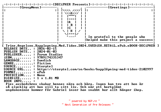 NFO for the release Trine.Angelsen.Kapplopning.Med.Tiden.2024.SWEDiSH.RETAiL.ePub.eBOOK-DECiPHER by DECiPHER