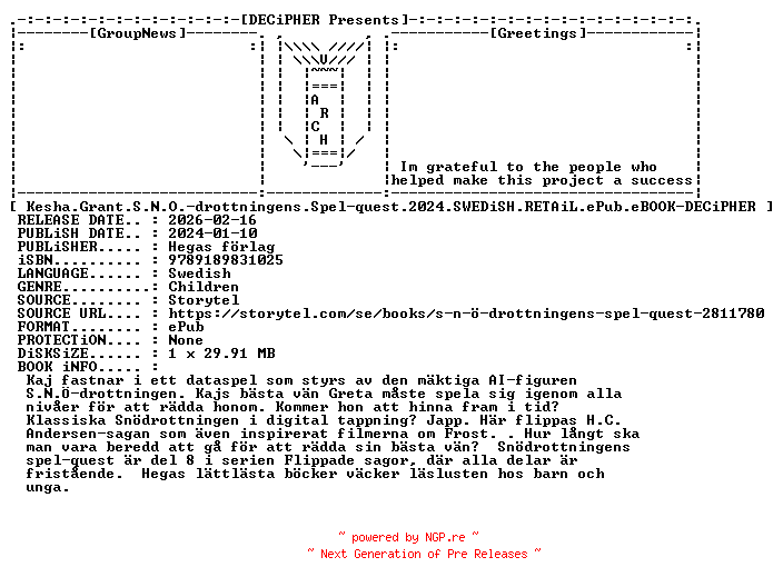 NFO for the release Kesha.Grant.S.N.O.Drottningens.Spel.Quest.2024.SWEDiSH.RETAiL.ePub.eBOOK-DECiPHER by DECiPHER