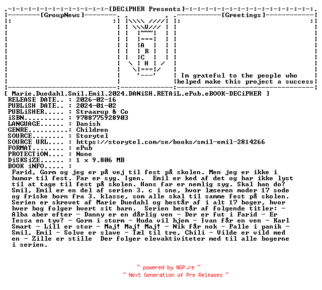 NFO for the release Marie.Duedahl.Smil.Emil.2024.DANiSH.RETAiL.ePub.eBOOK-DECiPHER by DECiPHER