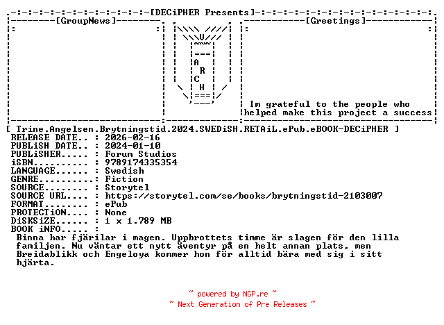 NFO for the release Trine.Angelsen.Brytningstid.2024.SWEDiSH.RETAiL.ePub.eBOOK-DECiPHER by DECiPHER