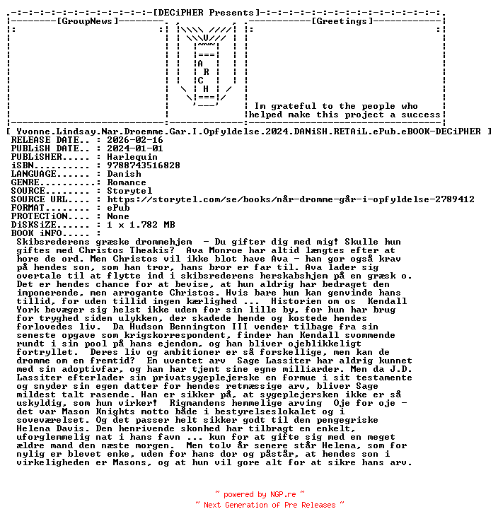 NFO for the release Yvonne.Lindsay.Nar.Droemme.Gar.I.Opfyldelse.2024.DANiSH.RETAiL.ePub.eBOOK-DECiPHER by DECiPHER