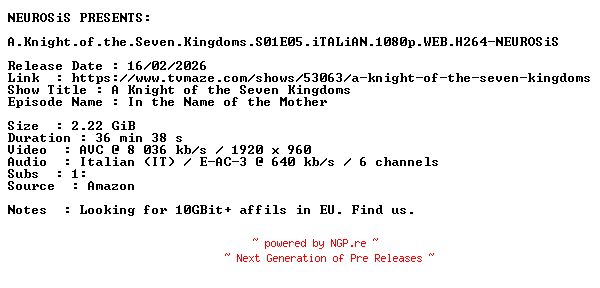 NFO for the release A.Knight.of.the.Seven.Kingdoms.S01E05.iTALiAN.1080p.WEB.H264-NEUROSiS by NEUROSiS