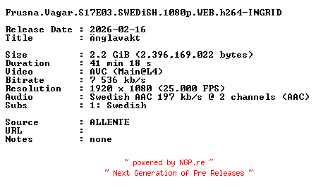NFO for the release Frusna.Vagar.S17E03.SWEDiSH.1080p.WEB.h264-INGRID by INGRID
