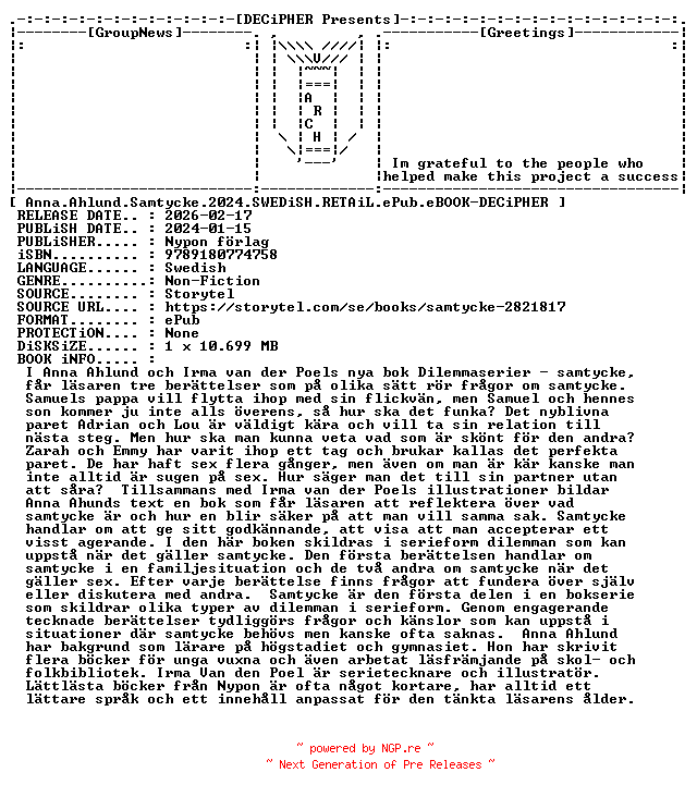 NFO for the release Anna.Ahlund.Samtycke.2024.SWEDiSH.RETAiL.ePub.eBOOK-DECiPHER by DECiPHER