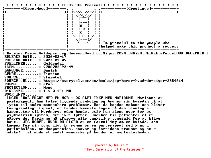 NFO for the release Katrine.Marie.Guldager.Jeg.Hoerer.Hvad.Du.Siger.2024.DANiSH.RETAiL.ePub.eBOOK-DECiPHER by DECiPHER
