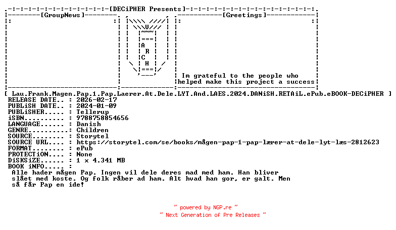 NFO for the release Lau.Frank.Magen.Pap.1.Pap.Laerer.At.Dele.Lyt.And.Laes.2024.DANiSH.RETAiL.ePub.eBOOK-DECiPHER by DECiPHER