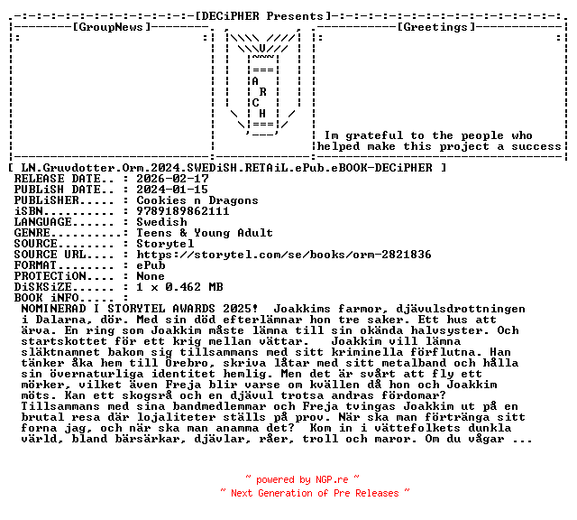 NFO for the release LN.Gruvdotter.Orm.2024.SWEDiSH.RETAiL.ePub.eBOOK-DECiPHER by DECiPHER